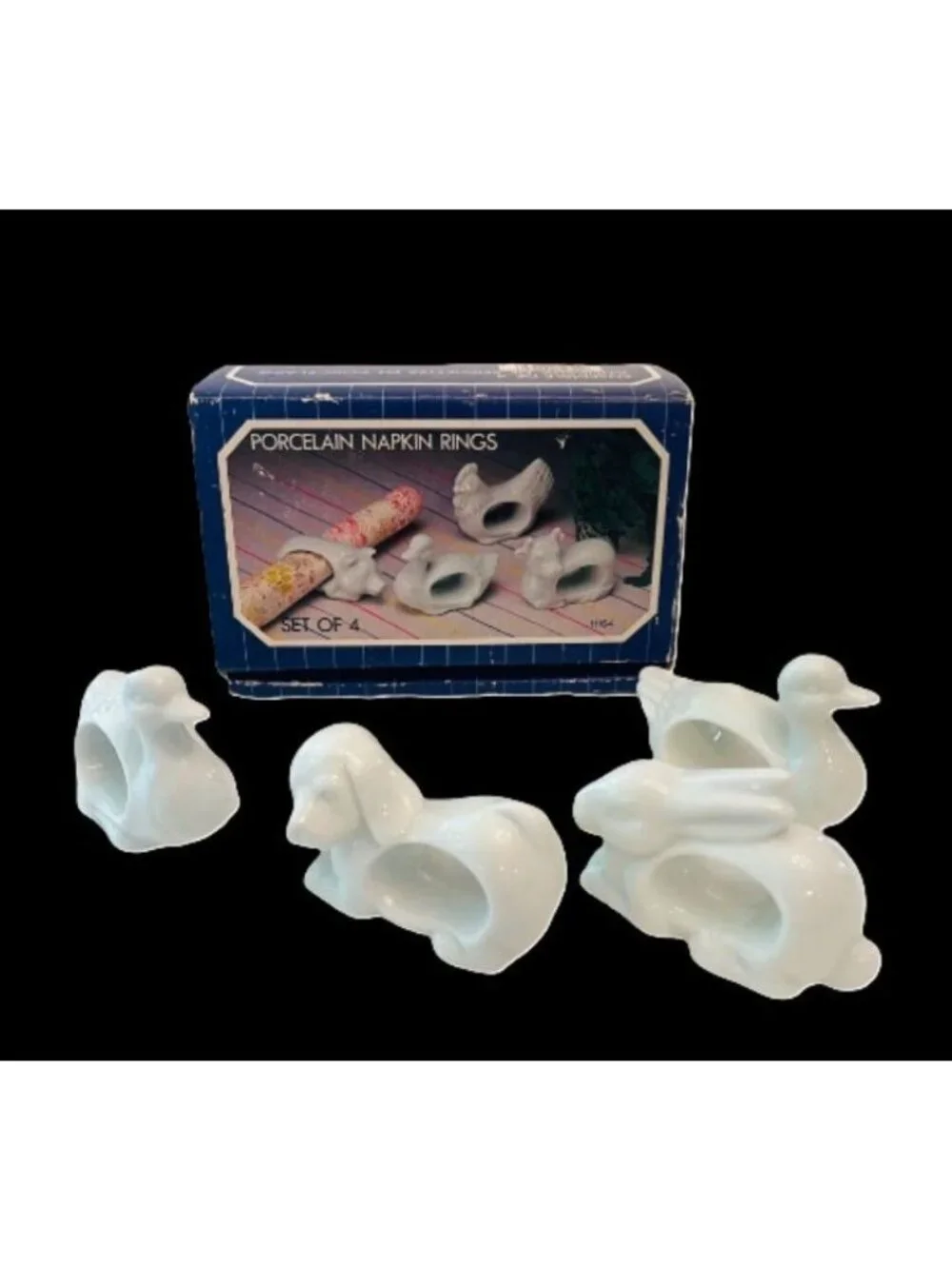 Vintage Napkin Holder Rings White Porcelain Animals Set of 4 with Box 1984